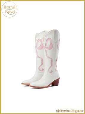 Knee High Cowboy Boots Bow Inlay Embroidered Chunky Heel Western Boots